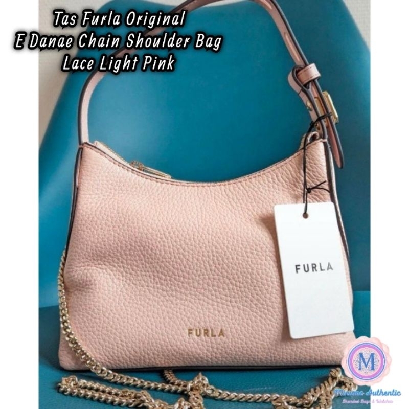 Tas Furla Original E Danae Chain Shoulder Bag Lace Light Pink Leather
