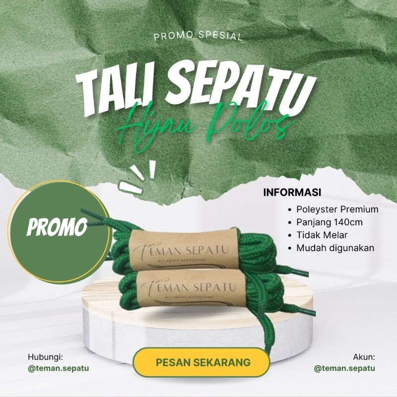 ￼Tali Sepatu Bulat 8 Lubang by Teman Sepatu - Bahan Polyester - Warna Hijau Polos - Tali Sepatu Docm