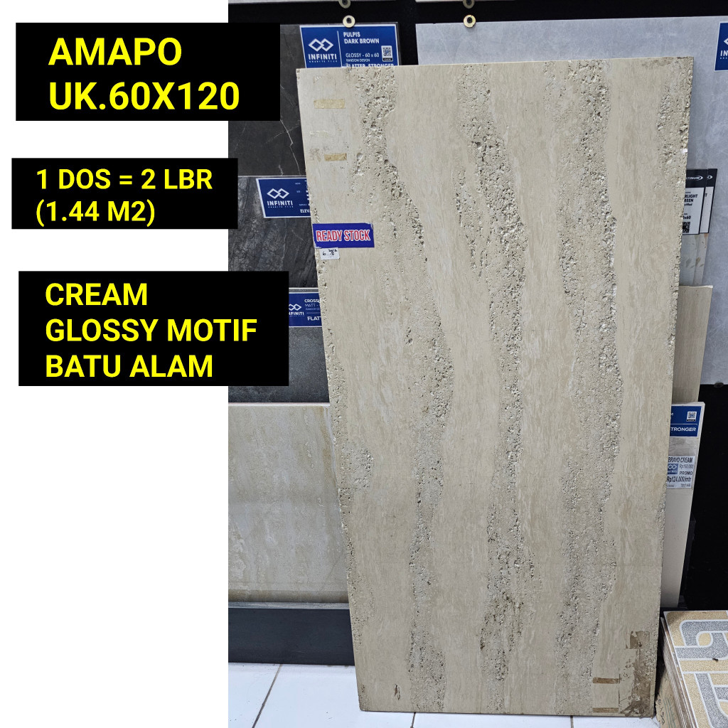 AMAPO UK.60X120 CREAM GLOSSY GRANIT TILE MOTIF BATU ALAM LUBANG