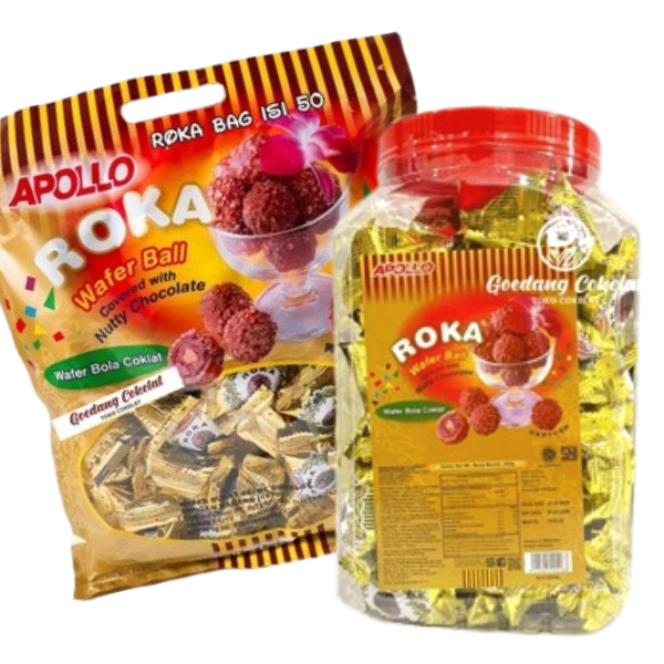 

Apollo Roka Wafer Ball Coklat Covered With Milk Pandan Nutty Chocolate Isi 50 Pcs / 70 Pcs