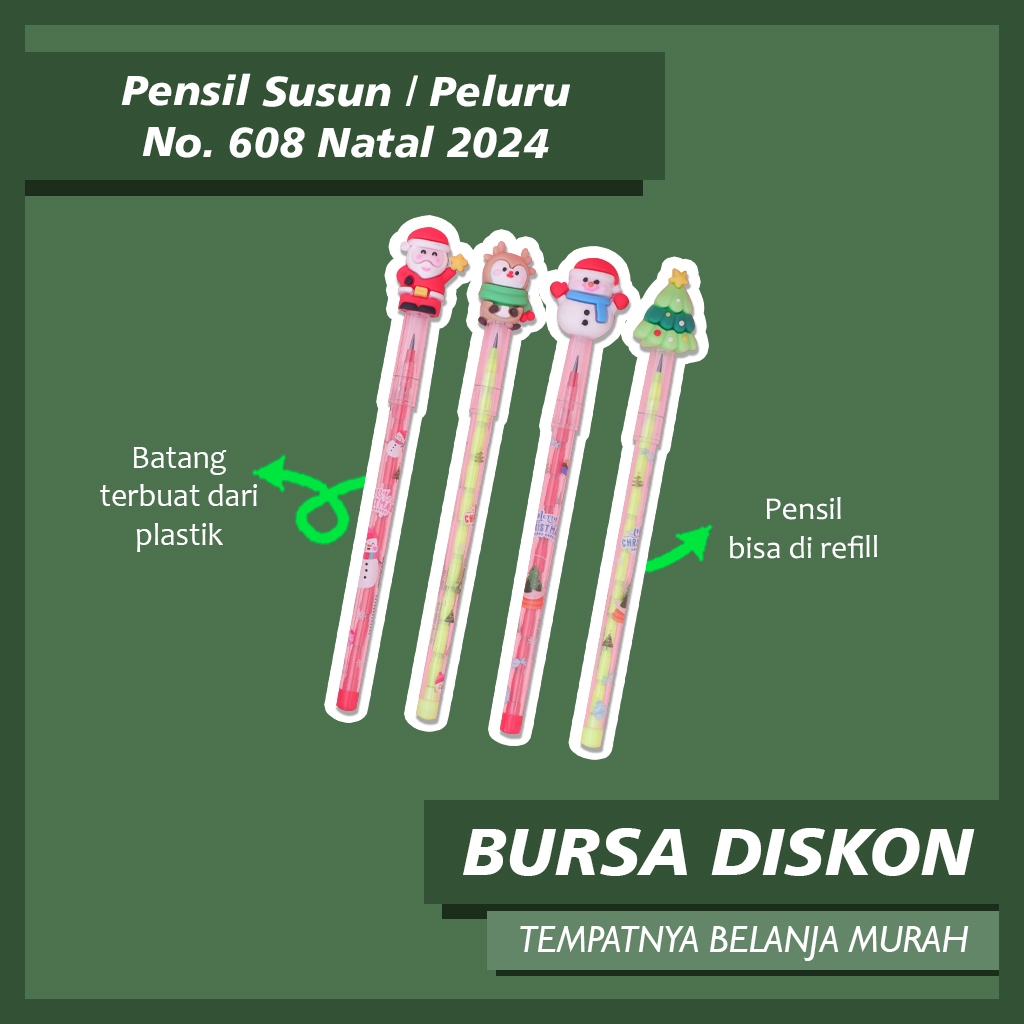 

Pensil Susun / Peluru No.608 Natal 2024 Chirstmas Santa Rusa Susun Bensia Refill Pencil Tumpuk