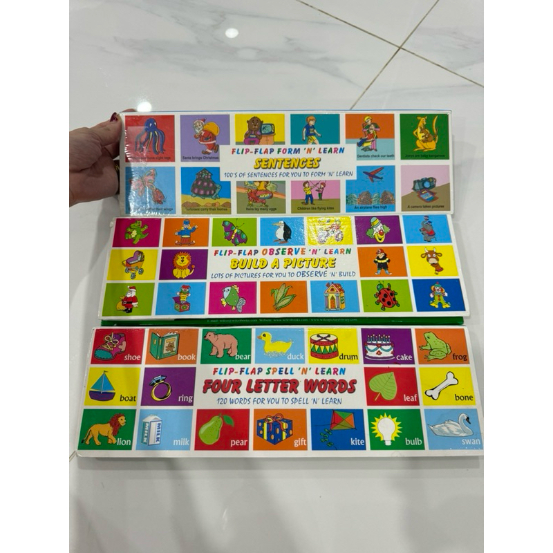 flip flap and learn set isi 3 buku (sentence, build a picture, four letter words) educational edukas