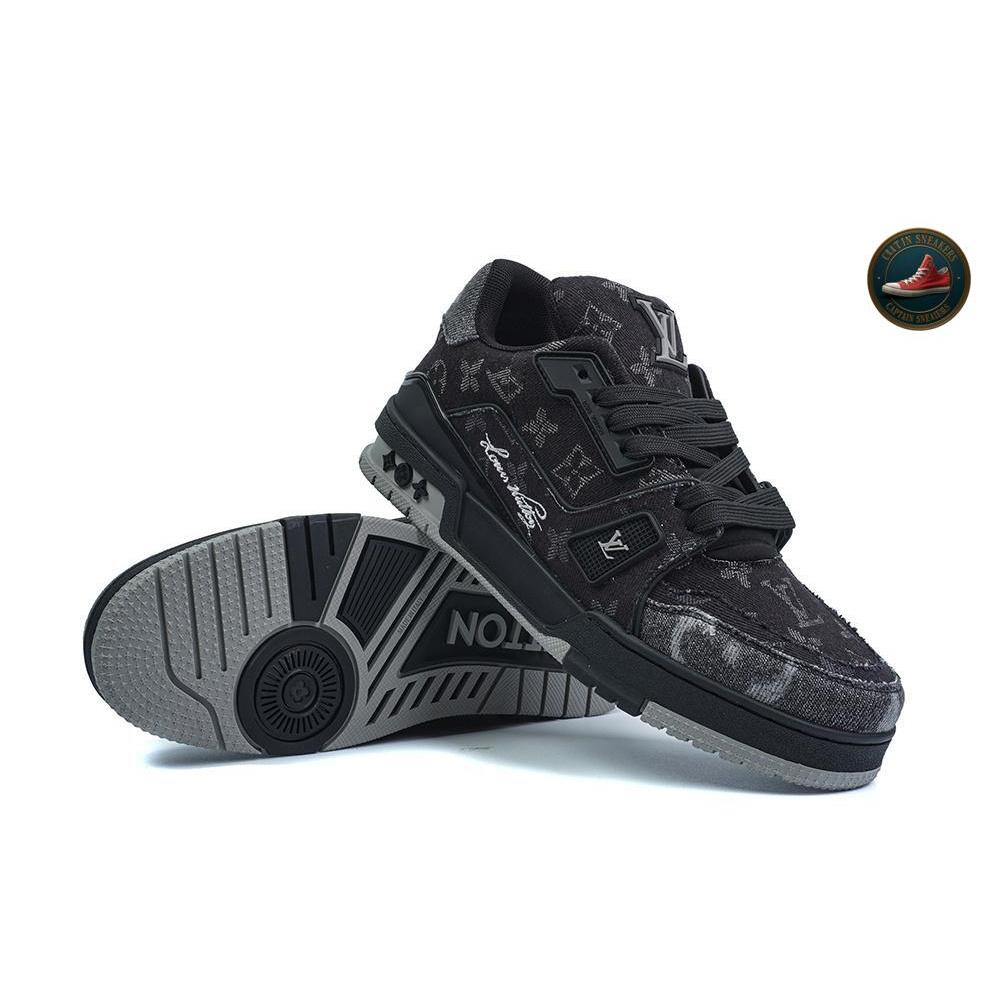 SEPATU SNEAKERS LV TRAINER DENIM BLACK GREY MONOGRAM