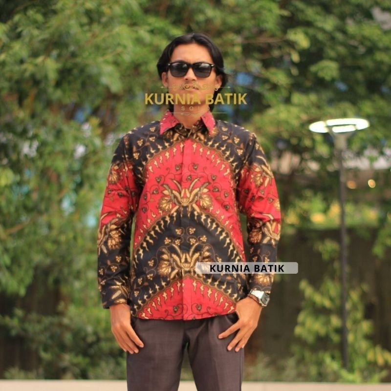 Baju Batik Pria Slimfit Lengan panjang Lapis Furing Motif Keris Merah