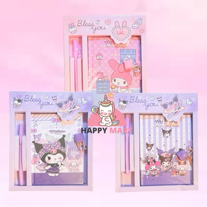 

Hematku Buku Diary kunci set box dengan pulpen motif kuromi melody