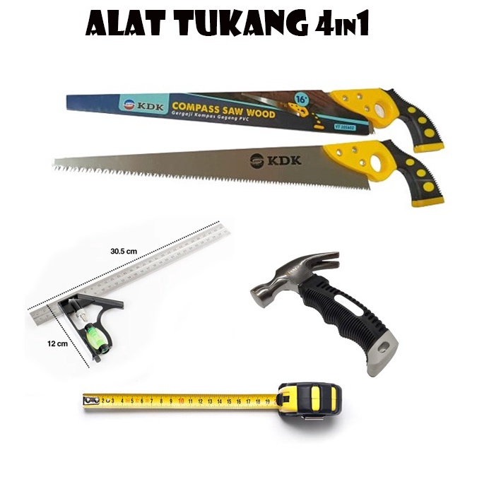 Kejutan Terbaik Paket Lengkap Alat Tukang 4in1 Gergaji Kayu Palu Kambing Cabut Paku Penggaris Siku W