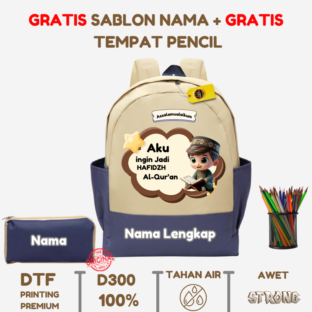 Customeku - Tas Custome Karakter Cita-cita Hafidzh Alqur'an - Tas Sekolah Anak Hafidz - Tas Ngaji
