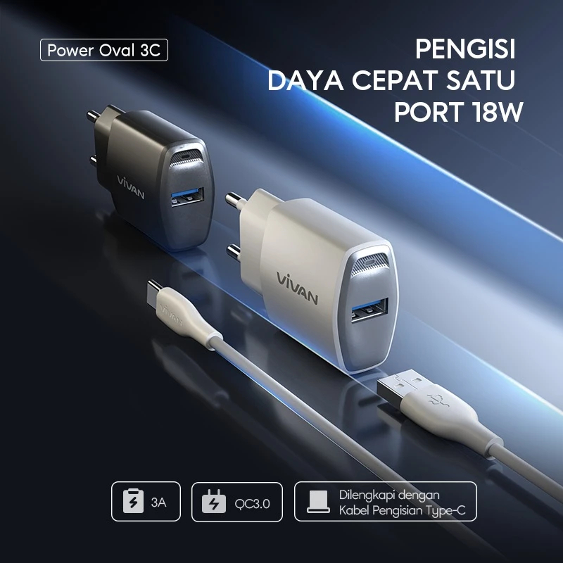 VIVAN POWER OVAL 3C SET CHARGER KABEL TYPE-C 3A 18W QC 3.0 SAFETY PROTECTION BATOK CASAN HP ANDROID 