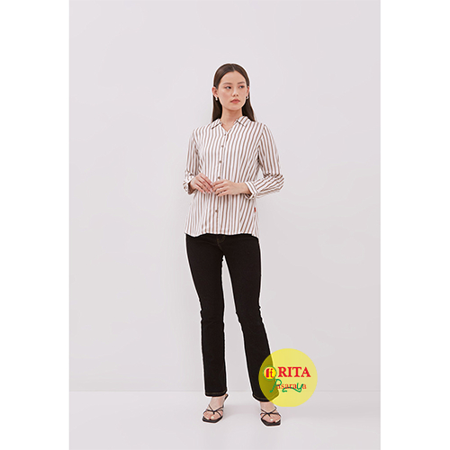 DUST Kemeja Airi Stripe Coklat Comfease (D.116413) Kemeja Wanita Lengan Panjang Pakaian Wanita Terba