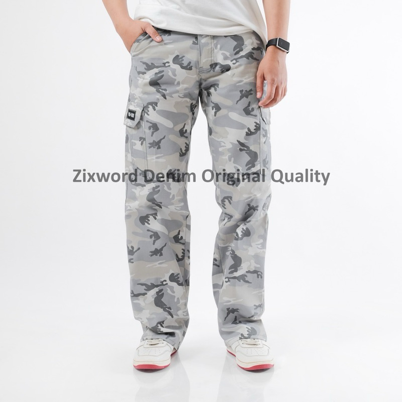 Zixword Denim Celana Cargo Camo Loreng Reguler Fit Loreng Brown Relax Pants Pria