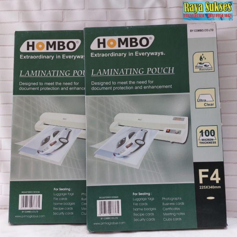 

Plastik Laminating Film Hombo Ukuran F4(225×340 mm) & A4(225×310mm)/ Laminating Pouch Hombo