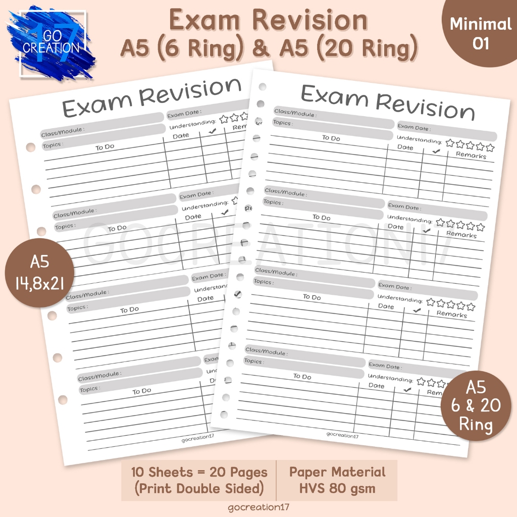 

Buku Planner Kertas Isi Binder Exam Revision Tracker Simple Minimalis A5