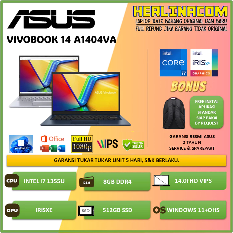 ASUS VIVOBOOK 14 A1404VA INTEL CORE i7 1355 8GB 512GB WINDOWS 11 OHS 14.0FHD VIPS