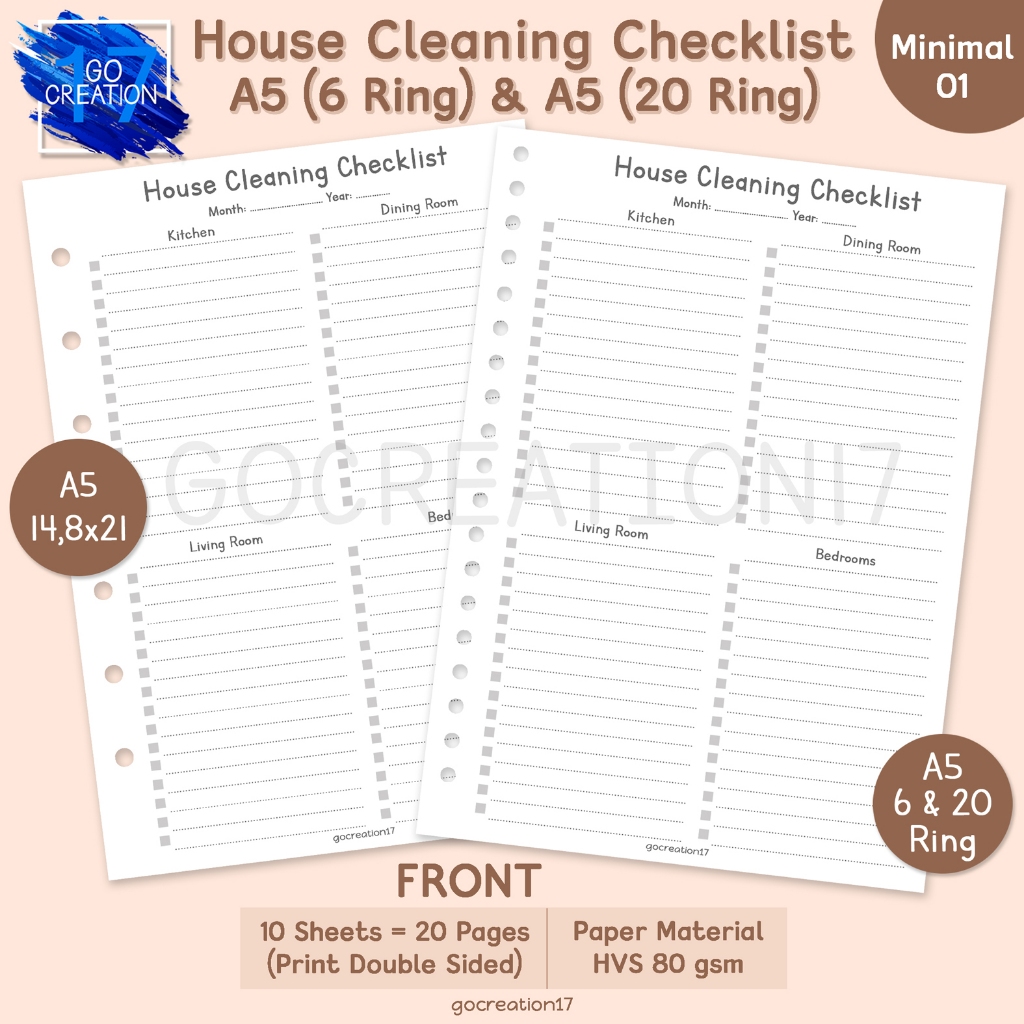 

Buku Planner Kertas Isi Binder House Cleaning Checklist Simple Minimalis A5