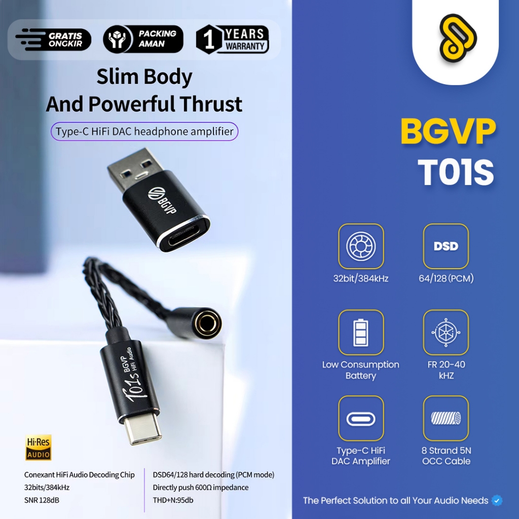 BGVP T01s USB DAC AMP Adapter Type-C/Lightning to 2.5/3.5/4.4mm Hi-Res Audio Cable