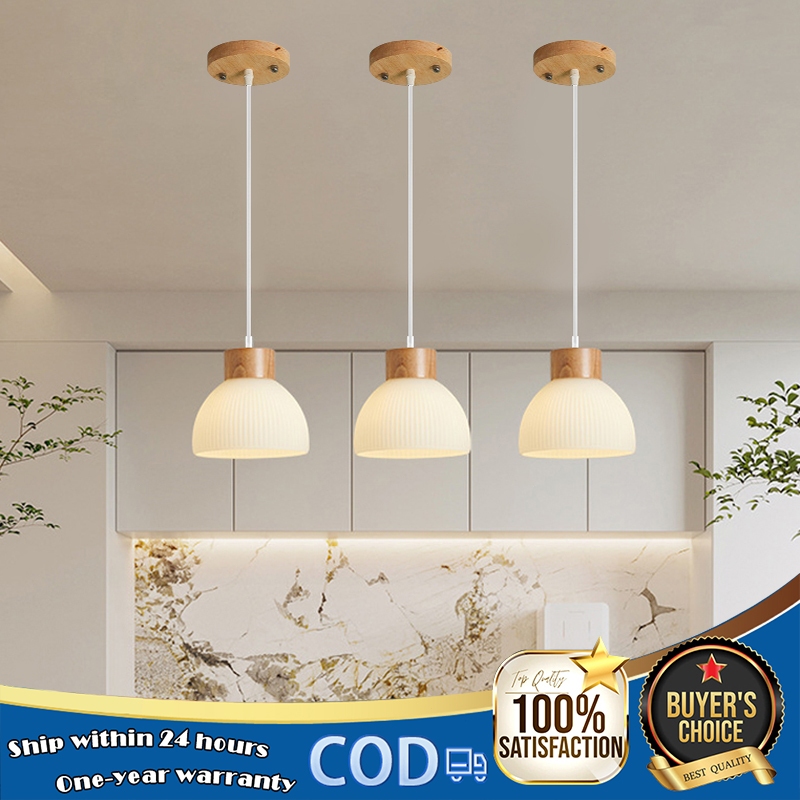 Lampu Gantung Nordik Kap Lampu Kaca Kayu Solid Pendant Light Lampu Hias Ruang Tamu Dan Ruang Makan L