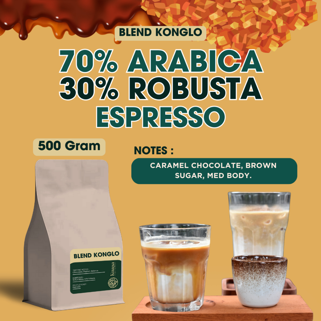 

Kopi Blend 70% Arabica 30% Robusta Kemasan 500Gr Kuasa Coffee Blend Konglo Coffe Biji Bubuk Espresso