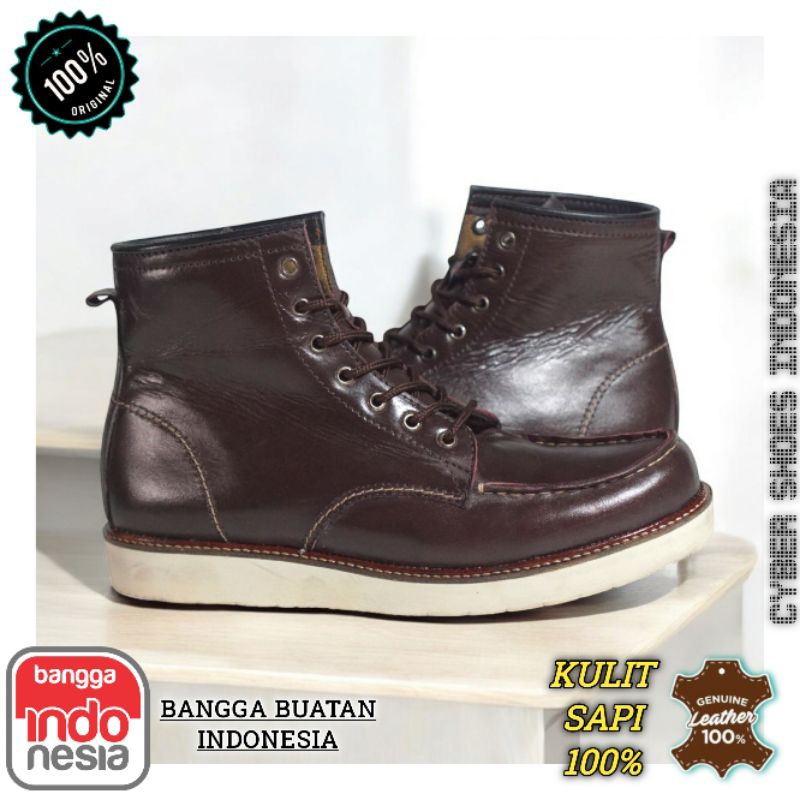 Moctoe Boots Pria Rewind Brown Solid Sepatu Boot Redwings Kulit Sapi Asli