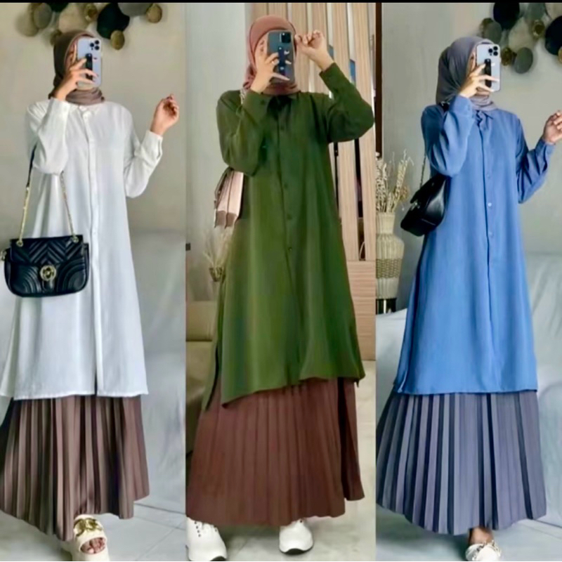 FISA TUNIK / ATASAN LONG TUNIK MUSLIM PANJANG Wanita Polos Terbaru Full Kancing Busui Moscrepe Premi