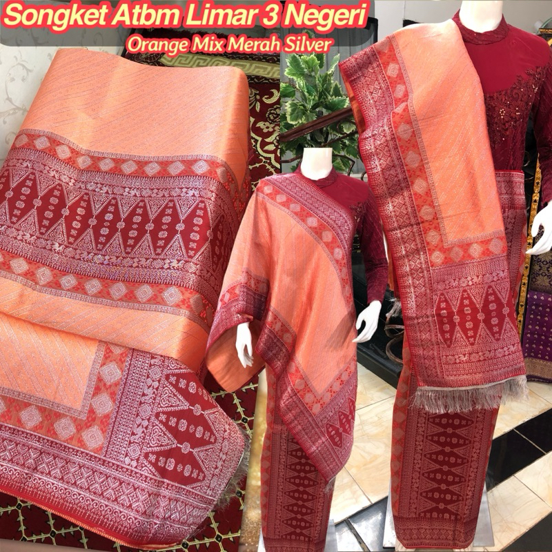NEW Songket Atbm Limar 3 Negeri Exclusive  Orange Silver / Songket Tenun Mesin Palembang ilham Songk