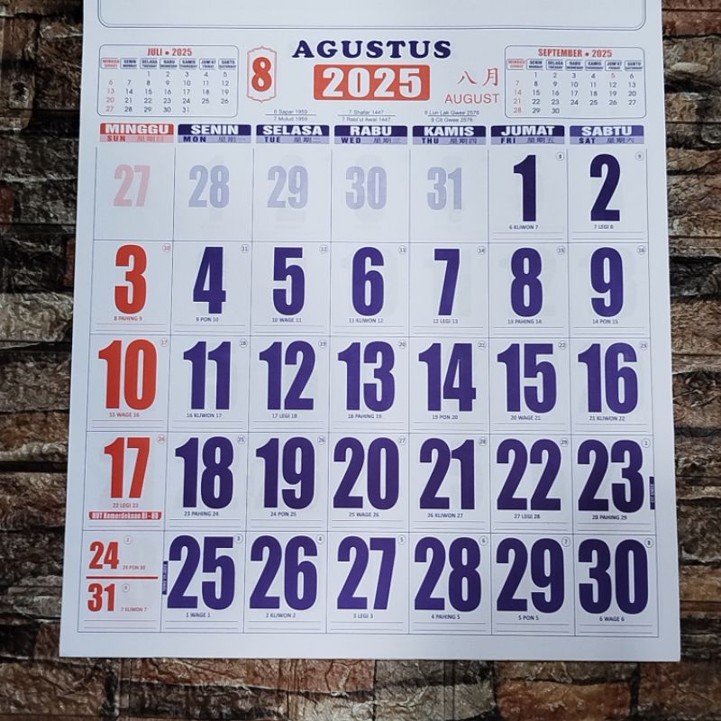 

Kalender Kerja Dinding Ukuran Standar 38 cm x 54 cm Tahun 2025