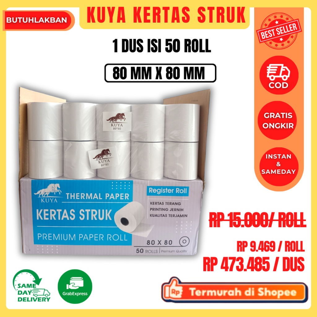 

KERTAS THERMAL STRUK KASIR 80X80 MM MERK KUYA | KARTON ( ISI 50 ROLL)