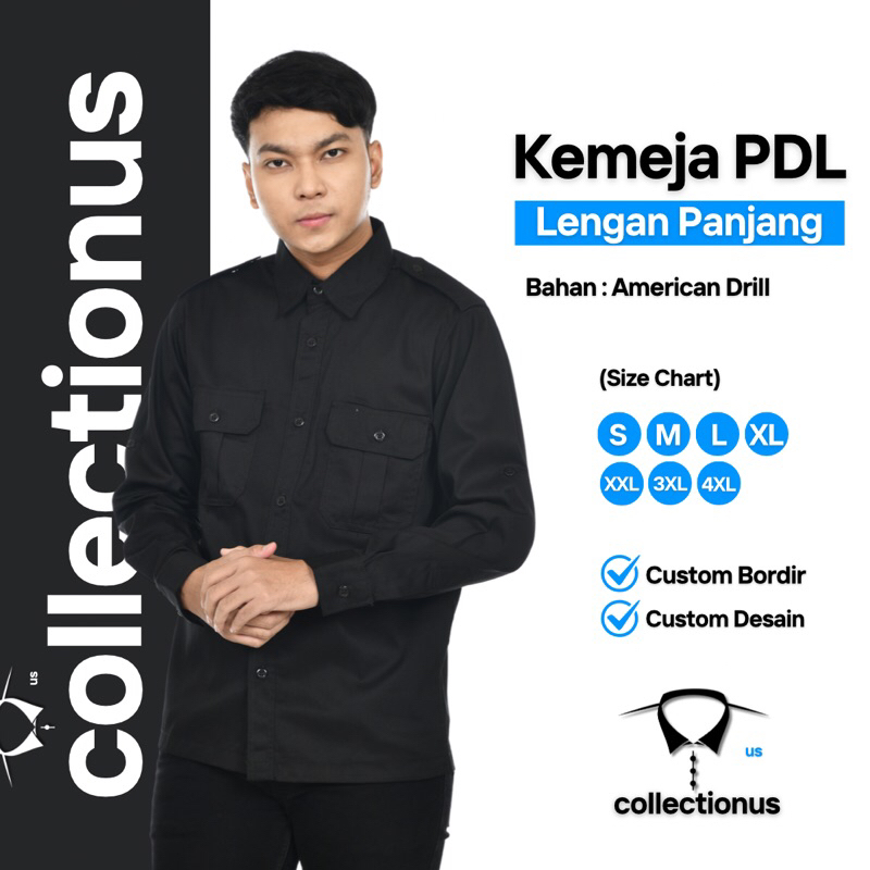 Baju Kemeja PDL Hitam Black Lengan Panjang Seragam Kerja Dinas Lapangan Outdoor Custom Desain Komuni