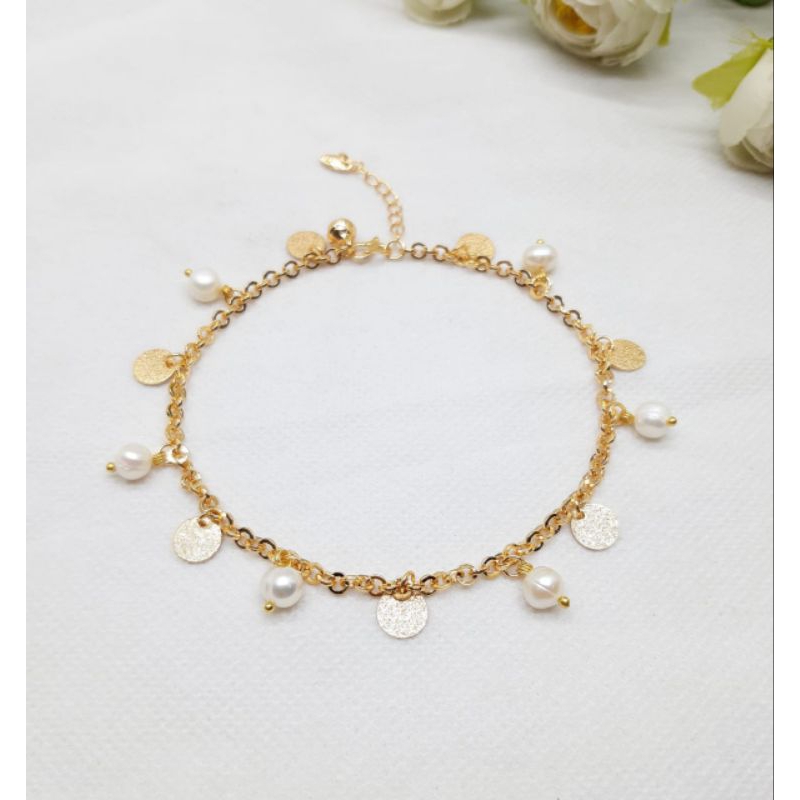 BERSERTIFIKAT GELANG KAKI MUTIARA AIR TAWAR LOMBOK GELANG KAKI RANTAI RHODIUM GOLD