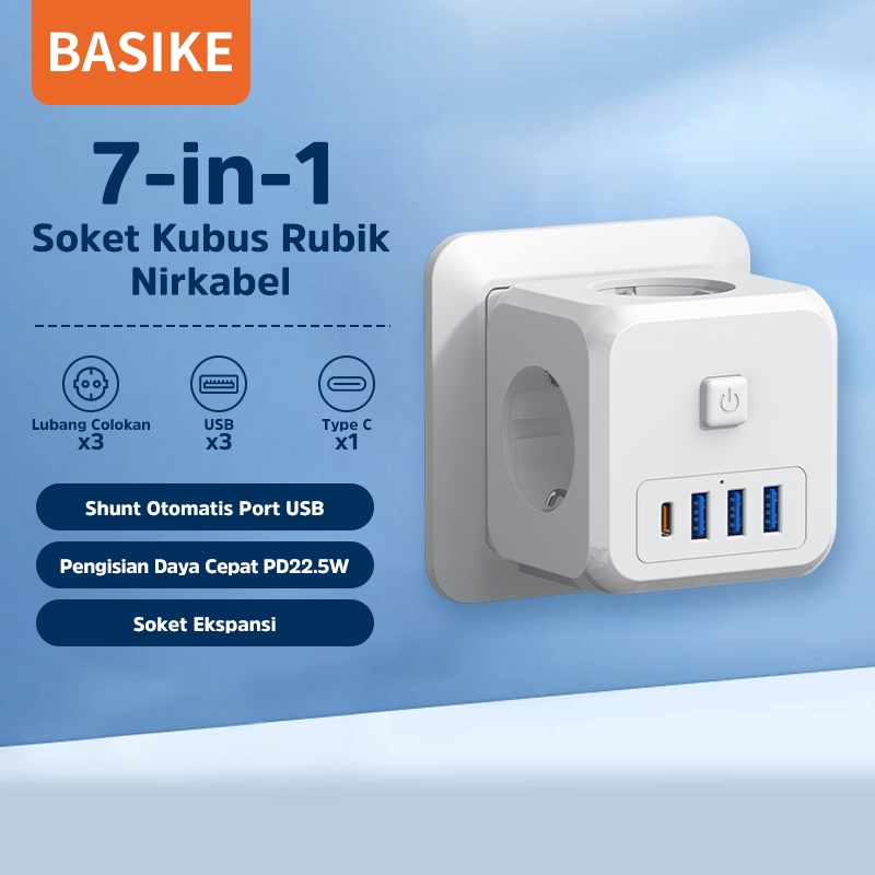 BASIKE Stop Kontak 3 Lubang 7-in-1 Colokan Listrik Kubus USB+Type C Fast Charging Sambungan Kabel