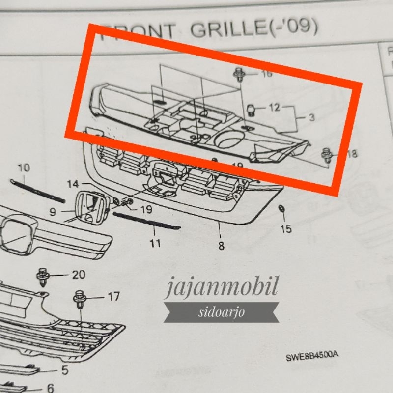 cover bulkhead plastik cover atas gril bemper depan crv gen3 2007-2009 tutup cover gril depan crv ge