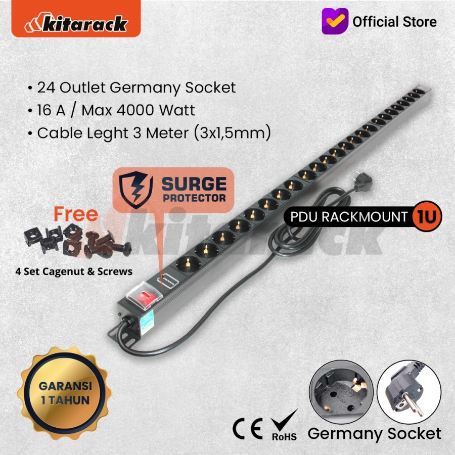 P24G PDU KITARACK COLOKAN LISTRIK STOP KONTAK 24 OUTLET GERMANY SOCKET 16A MAX. 4000 WATT POWER DIST