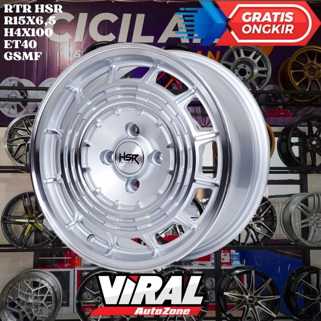 Velg Mobil Ring 15 HSR RTR R15 LEBAR 6,5 LOBANG BAUT 4 ET40 SILVER POLISH