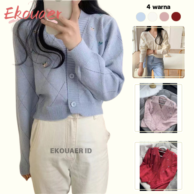 Ekouaer Cardigan Crop Motif/Cardigan Rajut Blossom Motif Bunga Import/Cardigan Rajut Crop Top