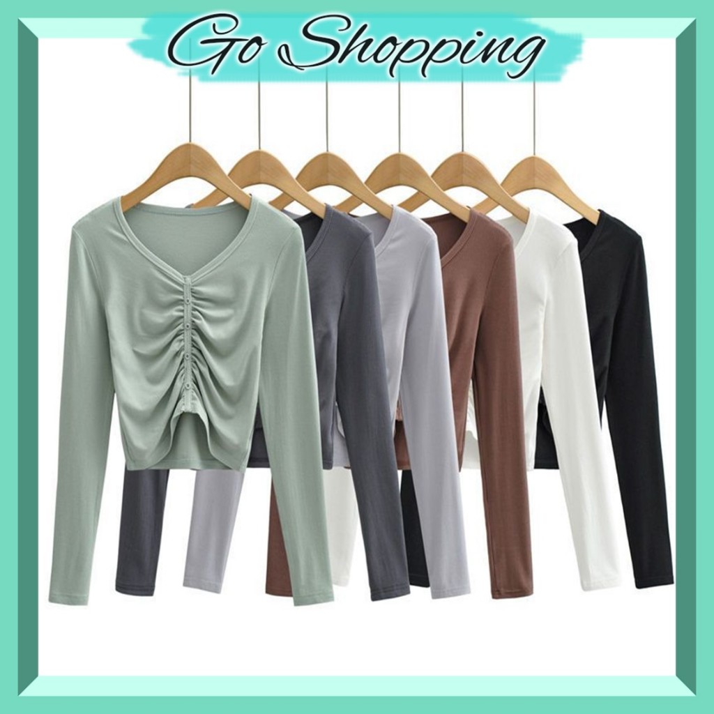 GOBJ1691 Baju Atasan Kaos CropTop Knit Kancing Depan Serut Lengan Panjang Wanita Sexy Korea