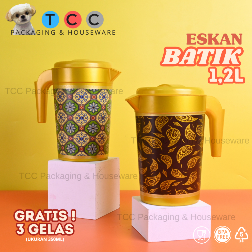 TEKO + 3 GELAS  (1,2 Liter) Eskan Plastik Water Jug Air Minum Bening Ceret Minum Kecil Tebal Water J