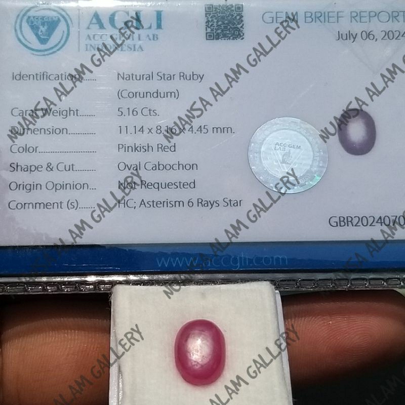 Batu Permata Merah Delima Natural Ruby Star 6 Ct Siap Naik Ring Sertifikasi Memo ID Card By AGLI