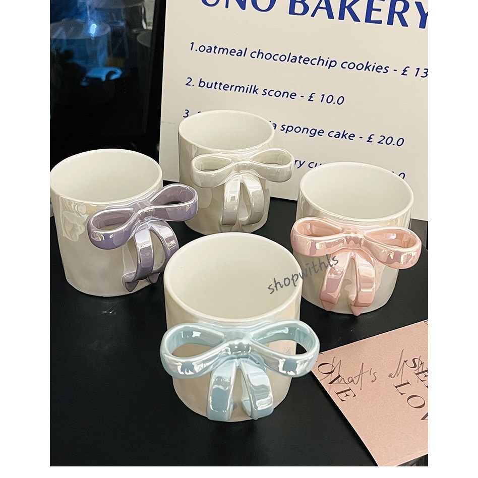 COQUETTE MUG/Korean Style Mug/Cute Ceramic Ribbon Mug/Cangkir Motif Pita/Cangkir Kopi/Teh