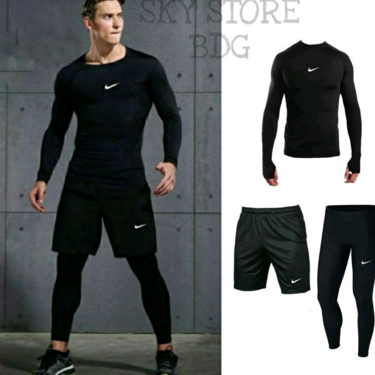 Garansi Hemat  Full Set Baju Kaos Manset Baselayer Futsal Sepak Bola Pria Running