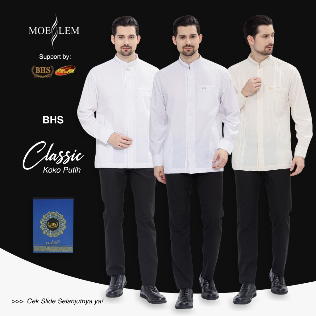 Baju Koko Muslim BHS Classic Warna Putih Polos Varian Motif