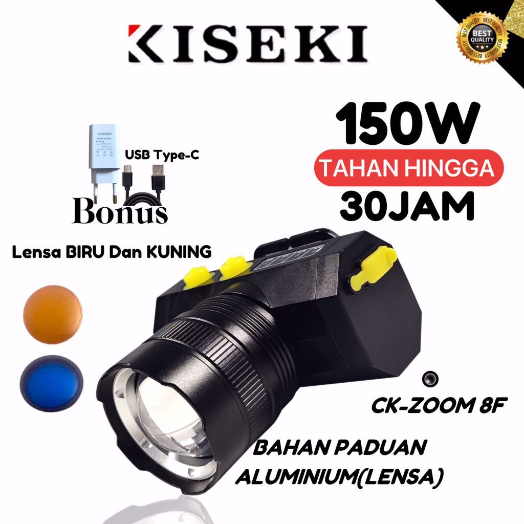 Kiseki Senter Kepala Zoom Senter Kepala Super Terang 100/150Watt Teleskop LED Fokus senter swat mini