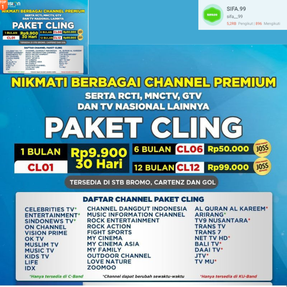 sifa 99 Paket Cling k vision Bromo Cartenz & GOL Gardiner Optus & LGsat lengkap k vision