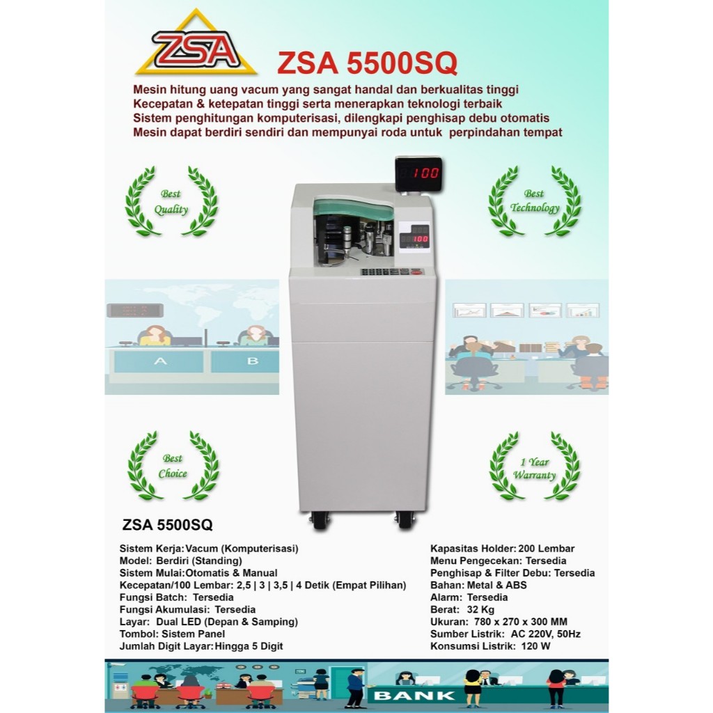 Mesin Penghitung Uang Vaccum Standing ZSA 5000 S / ZSA 5500 SQ Garansi Resmi