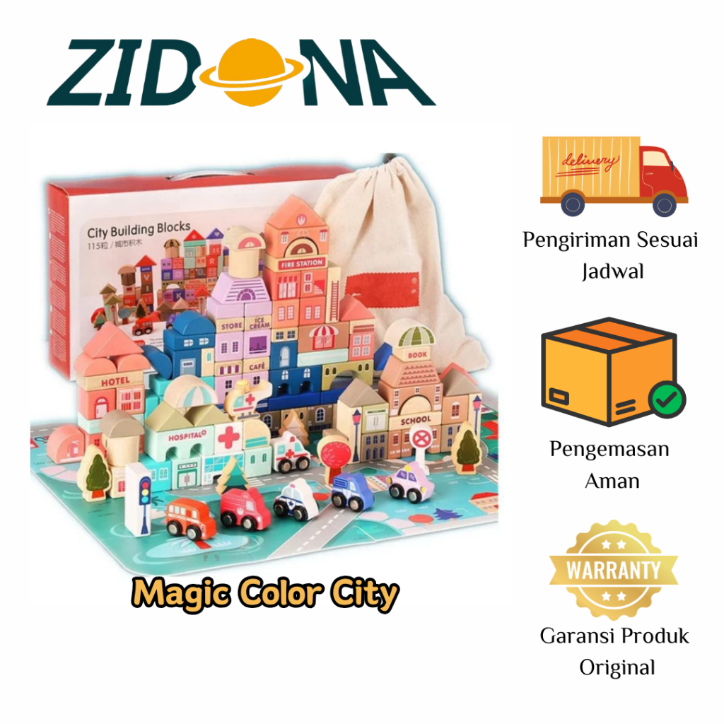 ZIDONA Magic Color City Building Blocks Urban Pastel 115pcs Block Kayu Mainan Anak Balok 115pcs