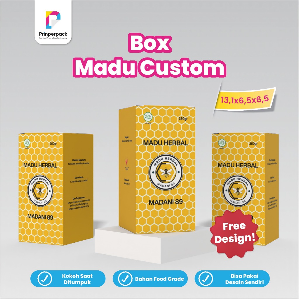 

kemasan custom ukuran 13,1x6,5x6,5cm / dus madu cetak logo sendiri / kemasan pakai logo sendiri / kemasan custom cetak / branding kemasan / box madu cetak logo / dus madu pakai logo sendiri