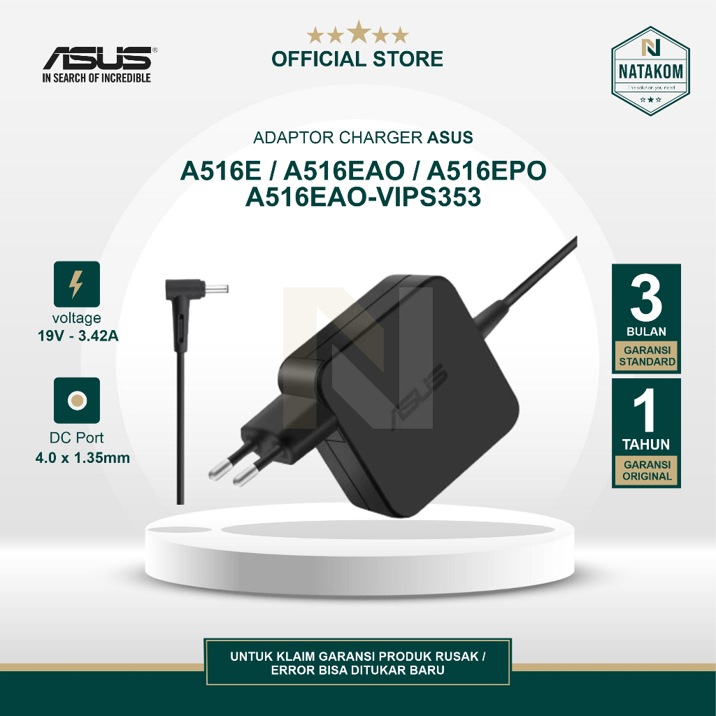 ADAPTOR CHARGER ORIGINAL ASUS VIVOBOOK A516E A516EAO A516EAO-VIPS353 3.42A 65W