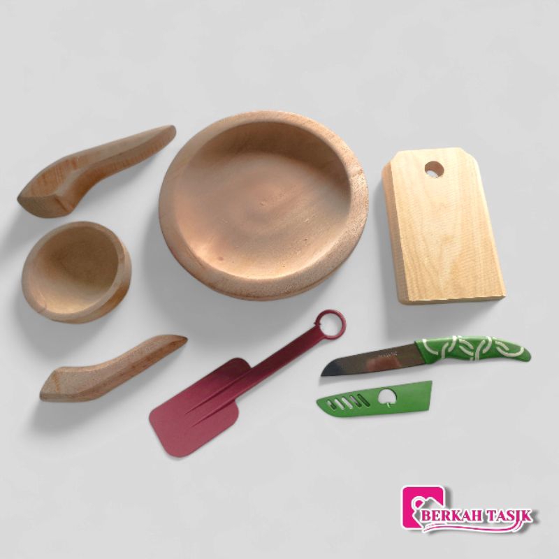 Paket Hemat Set Cobek Kayu 6 in 1 Kitchenwear Alat Masak Dapur Talenan