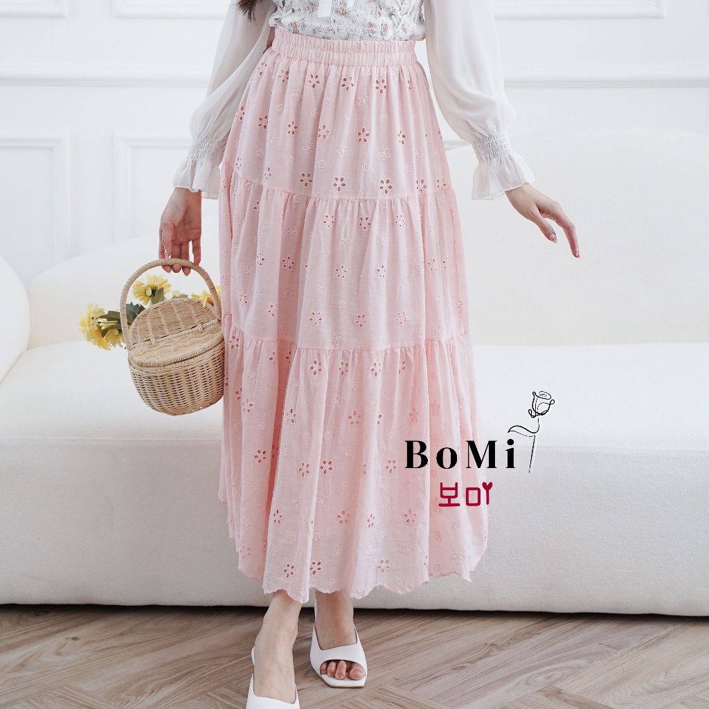 BOMI - SANG HEE Skirt Maxi Flower Korean Katun Bordir Rok Panjang Wanita Tingkat Susun Premium Rok W
