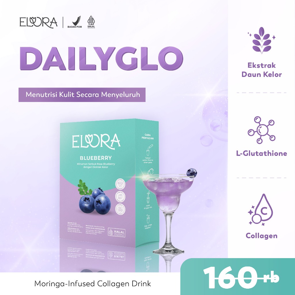 ELORA DAILYGLO Collagen Drink Blueberry - 1 Box (12 Sachet) | Kulit Plumpy & Glowing | Bantu Redakan