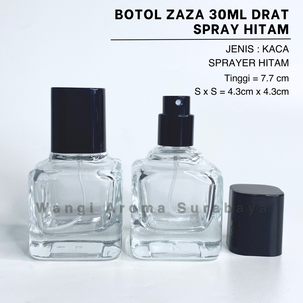 Botol Parfum Zaza 30ML Drat Tutup Hitam - Botol Parfum Kaca Zaza 30ML Drat / Ulir Hitam