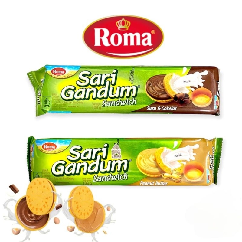 

Roma Biscuit Sari Gandum Sandwich Peanut Butter & Cokelat 108G